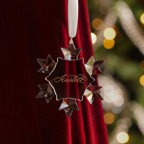 Personalised crystal snowflake Christmas bauble hand-engraved with a name in gold calligraphy