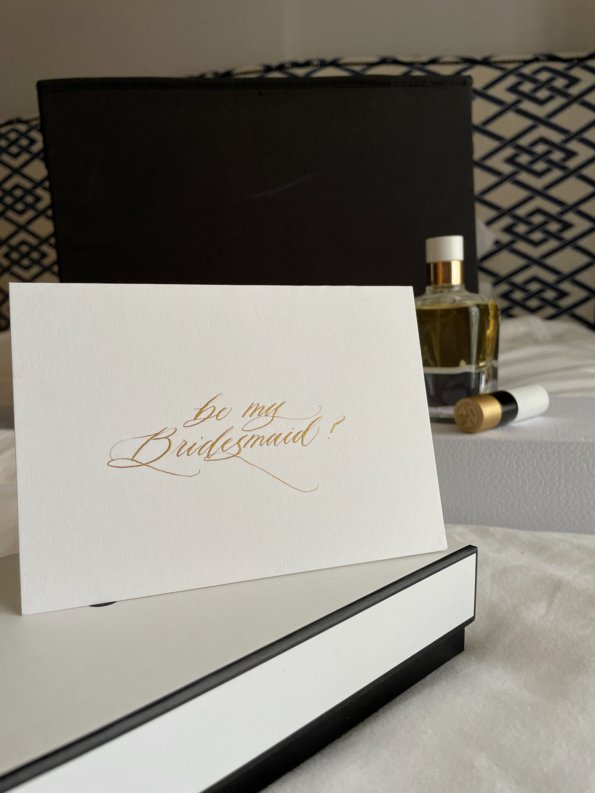 Gold ink, handwritten calligraphy Be my Bridesmaid proposal card
