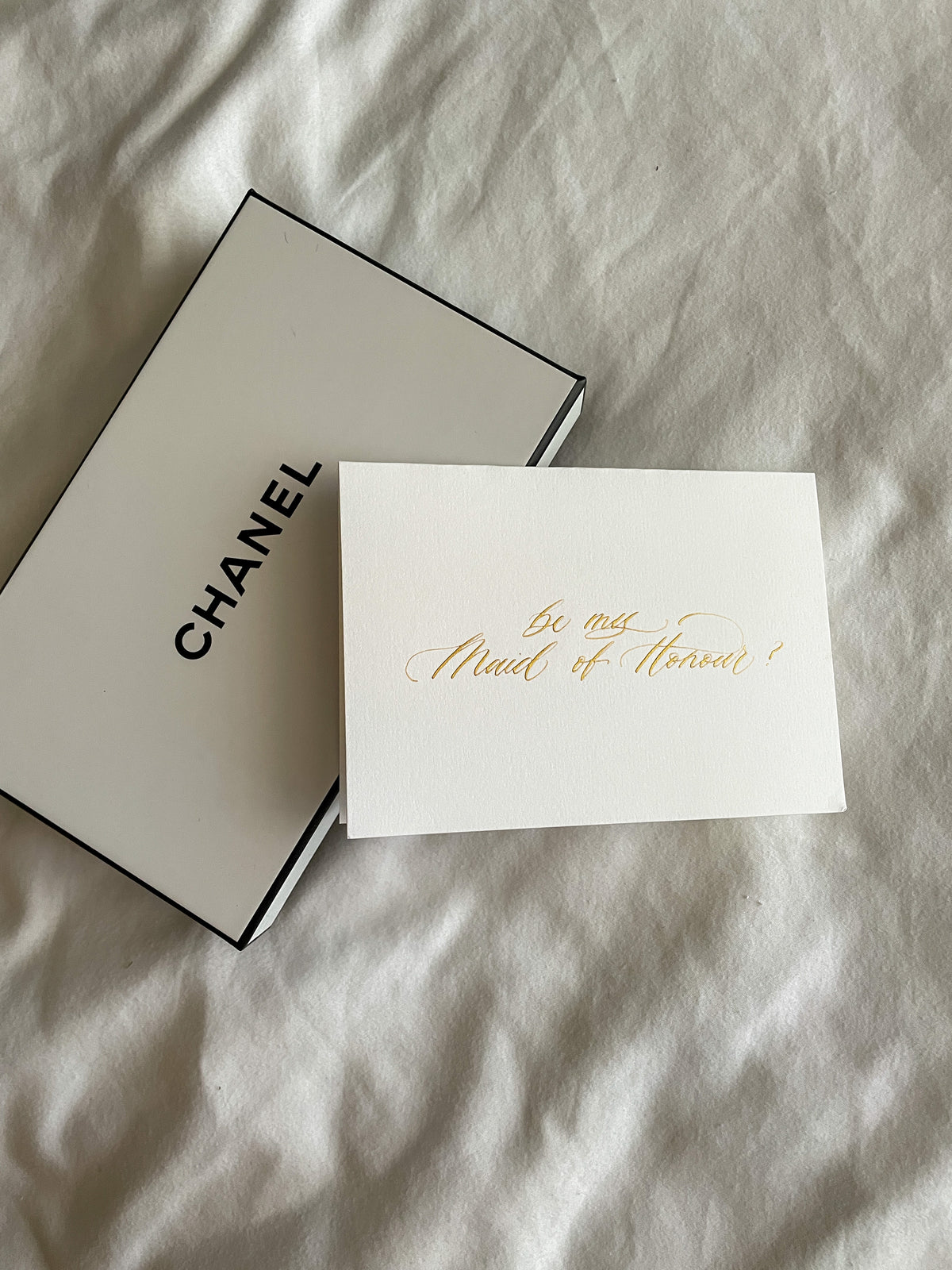 Gold ink, handwritten calligraphy Be my Maid of Honour card