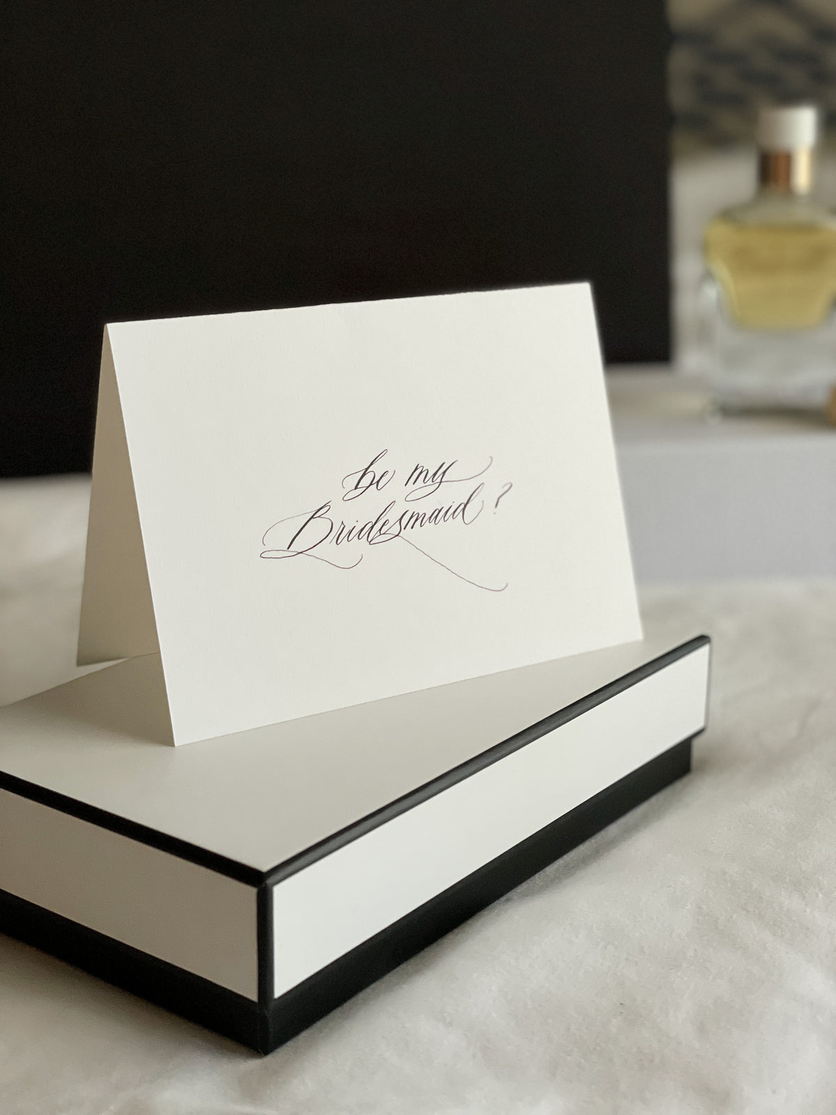 Black ink, handwritten calligraphy Be my Bridesmaid proposal card