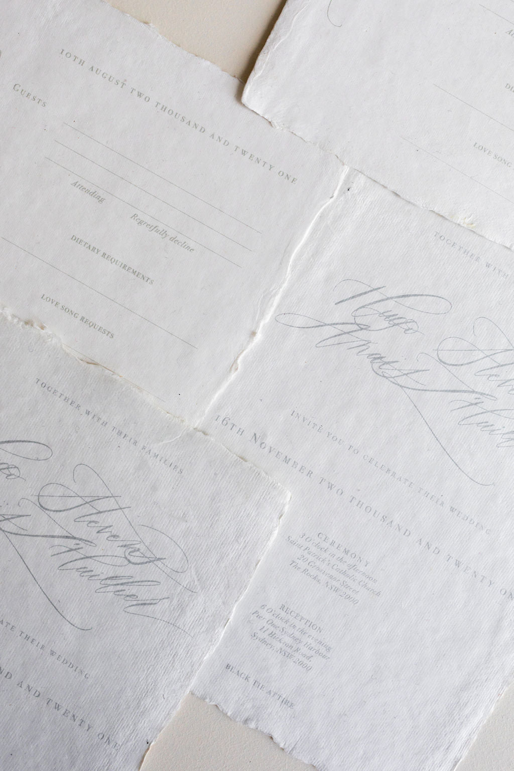 Calligraphy names on handmade paper wedding stationery