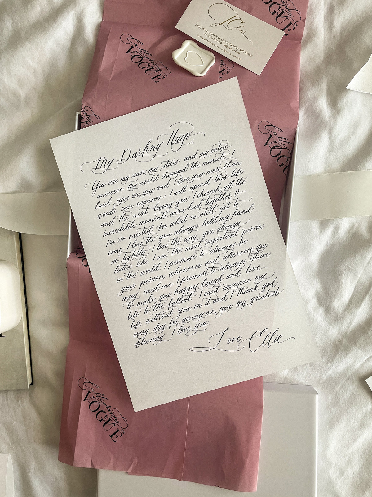 A5 handwritten calligraphy love letter on pink tissue paper