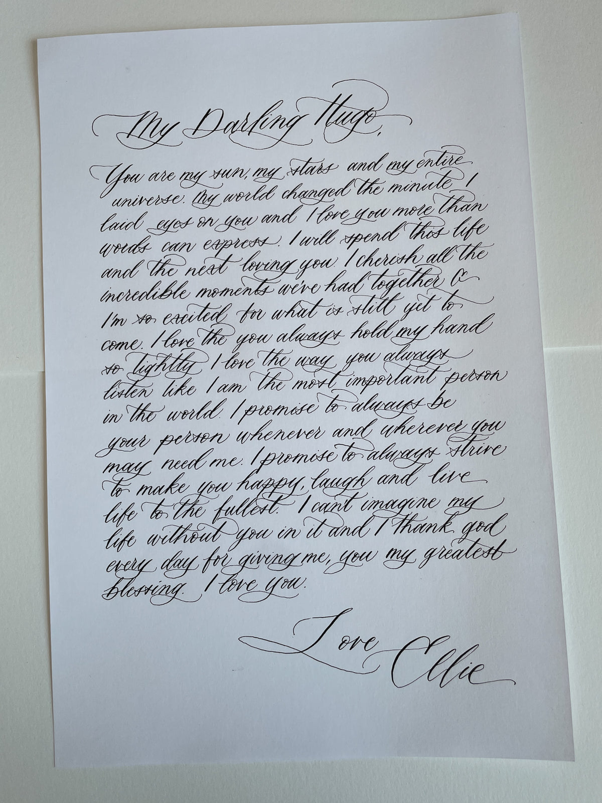 Full A5 love letter handwritten in black pointed pen calligraphy